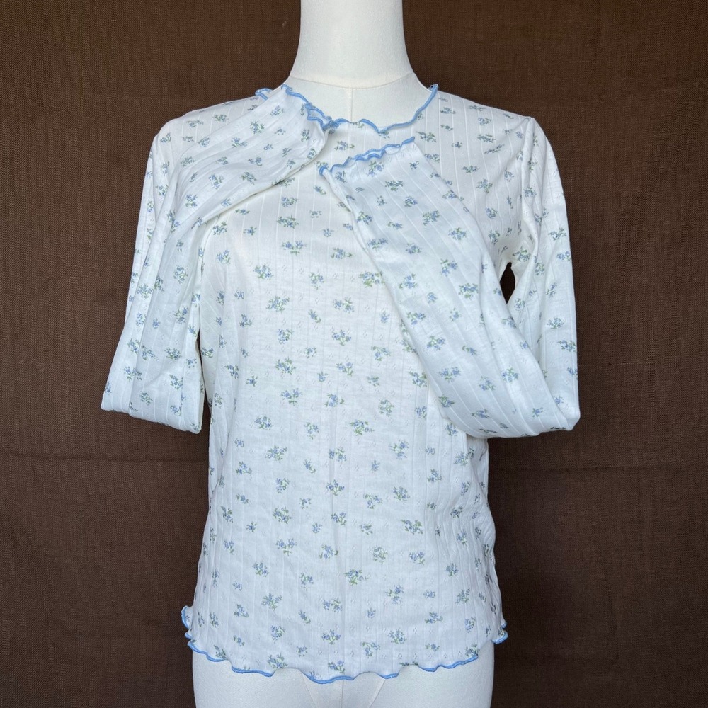 Floral Pointelle Knit Long Sleeve Top White Blue Lettuce Edge Trim Cottagecore
